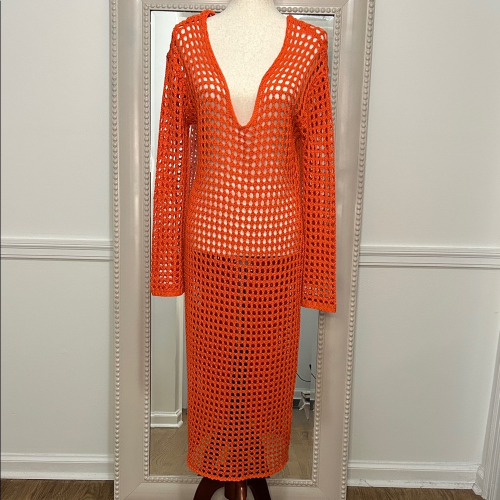 Vibrant Orange Open Knit Crochet Dress, Boho, Festival